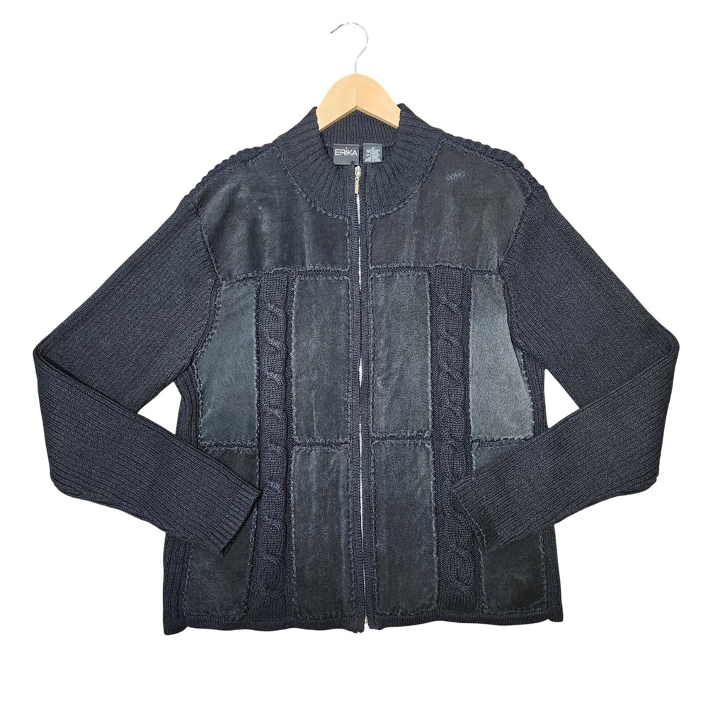 Vintage Y2K Black Leather Suede Woven Zip Front Sweater Patchwork Whimsigoth M